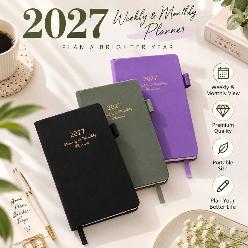 Leather Work Diary Covers - 2027年版 週間・月間プランナー、ペンホルダー付きの革製カバーのアジェンダ、ビジネス、オフィス、学校、仕事での日次スケジュール管理に最適。
