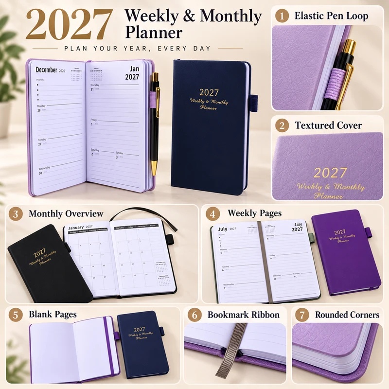 2027年版 週間・月間プランナー、ペンホルダー付きの革製カ - Leather Work Diary Covers のレビューと価格
